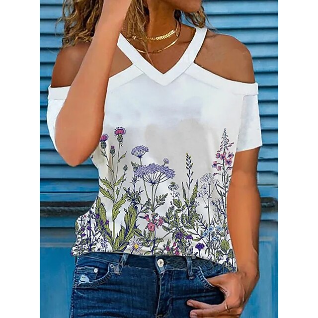 

Women's Floral Theme T shirt Floral Cold Shoulder Print Round Neck Basic Tops White