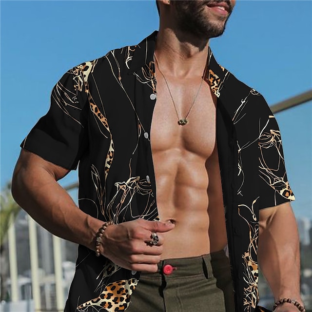 

Men's Shirt Leopard Turndown Street Casual Button-Down Print Short Sleeve Tops Casual Fashion Designer Breathable Black