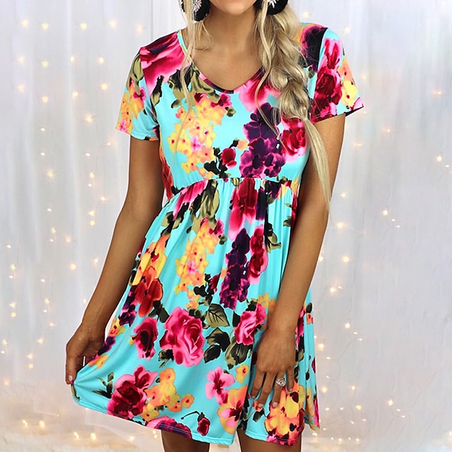 

Women's A Line Dress Short Mini Dress Blue Short Sleeve Floral Print Spring Summer V Neck Casual 2022 S M L XL XXL