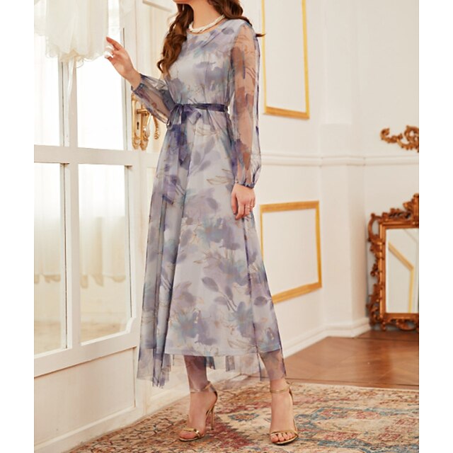 

Women's Swing Dress Maxi long Dress Gray Long Sleeve Floral Print Color Gradient Zipper Mesh With Belt Spring Summer Crew Neck Stylish Elegant Luxurious Elegant Mesh S M L XL / Party Dress