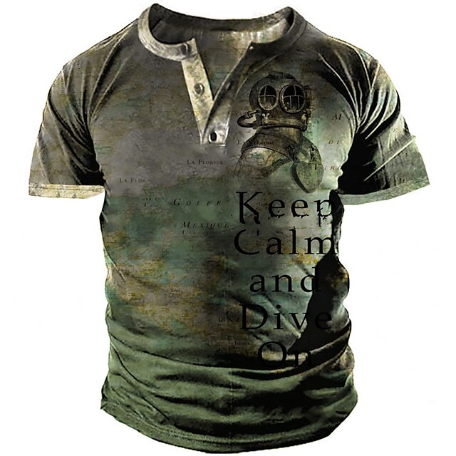 

Men's Henley Shirt Tee T shirt 3D Print Graphic Letter Henley Casual Daily Button-Down Print Short Sleeve Tops Fashion Vintage Big and Tall Military Style Gray / Summer
