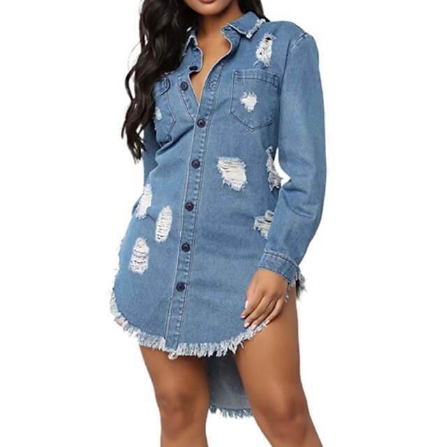 

Women's Shift Dress Short Mini Dress Blue Long Sleeve Pure Color Tassel Fringe Pocket Plus High Low Spring Summer Shirt Collar Stylish Casual 2022 S M L XL XXL