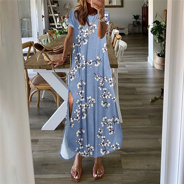 

Women's Shift Dress Midi Dress Navy Blue Light Blue Short Sleeve Floral Color Gradient Split Print Spring Summer Round Neck Casual 2022 S M L XL XXL 3XL