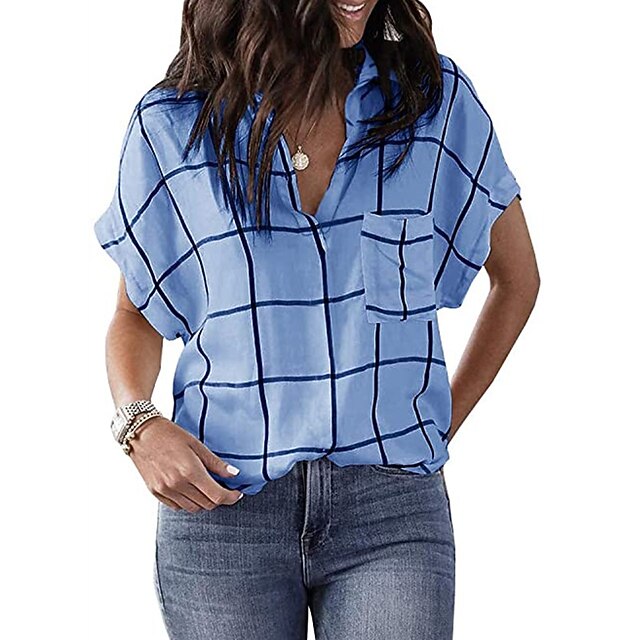 

Women's Blouse Shirt Plaid Check Color Block Patchwork Shirt Collar Casual Vintage Tops Blue Gray Pink