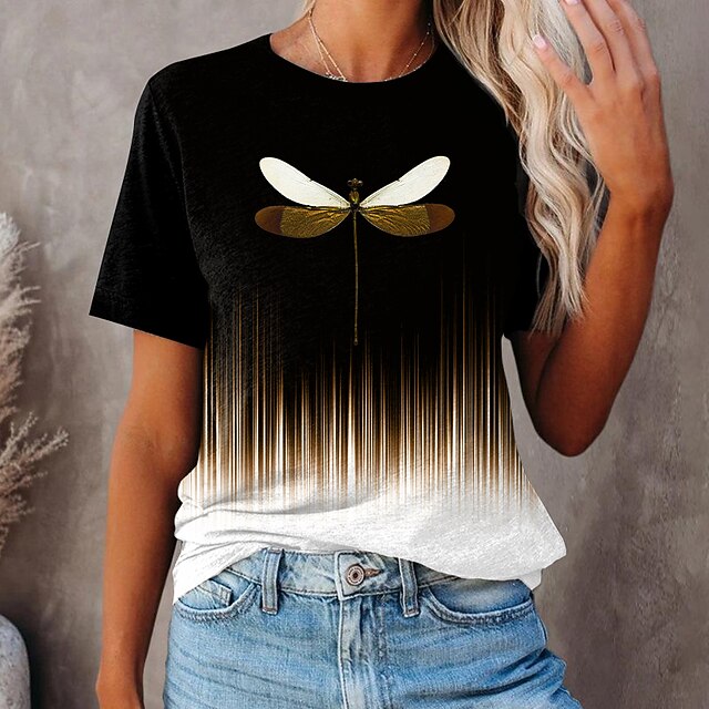 

Women's Painting T shirt Animal Print Round Neck Basic Tops Green Blue Black / 3D Print