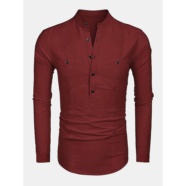 Mens Clothing Mens Shirts | Mens Shirt Solid Color Stand Collar Party Casual Button-Down Long Sleeve Tops Casual Streetwear Blac