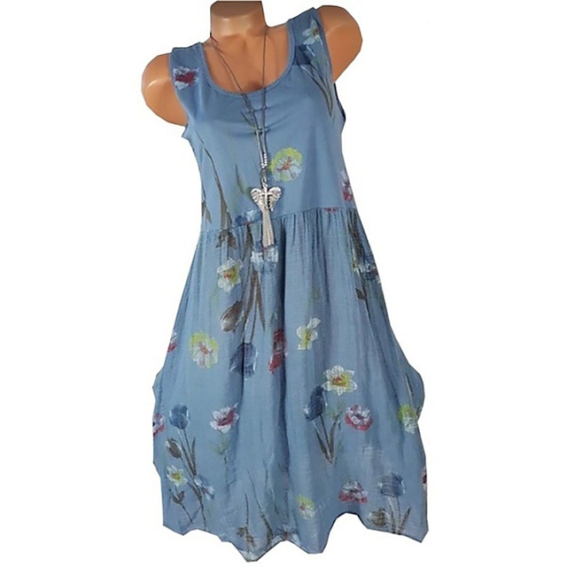 

Women's A Line Dress Short Mini Dress Blue White Khaki Beige Sleeveless Floral Print Spring Summer Crew Neck Casual 2022 S M L XL XXL 3XL 4XL 5XL