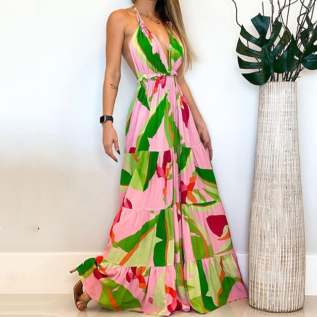 

Women's Strap Dress Maxi long Dress Green Sleeveless Floral Backless Cold Shoulder Print Spring Summer Spaghetti Strap Party Stylish Boho 2022 S M L XL XXL / Party Dress