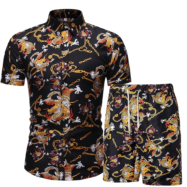 

Men's Shirt Print Dragon Turndown Holiday Vacation Print Short Sleeve Tops Lightweight Chinese Style Tropical Hawaiian Black