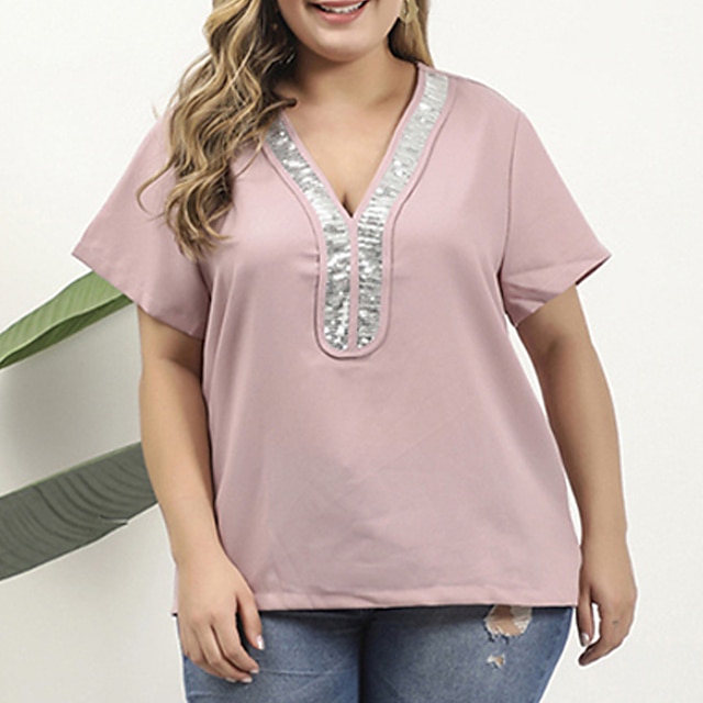 

Women's Plus Size Tops T shirt Color Block Sequins Short Sleeve V Neck Streetwear Daily Going out Polyester Spring Summer Pink