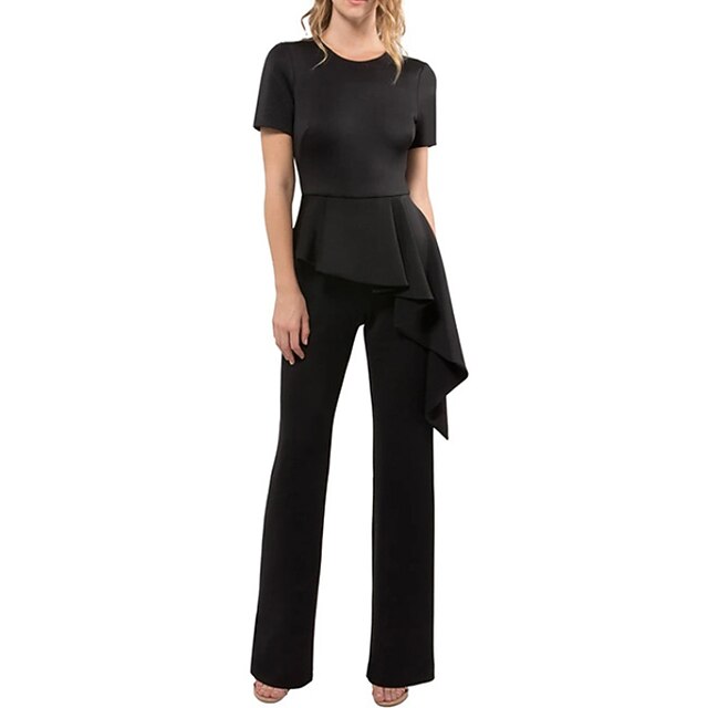 

Women's Jumpsuit Ruffle Solid Color Crew Neck Elegant Party Regular Fit Short Sleeve Green Blue Black S M L Spring