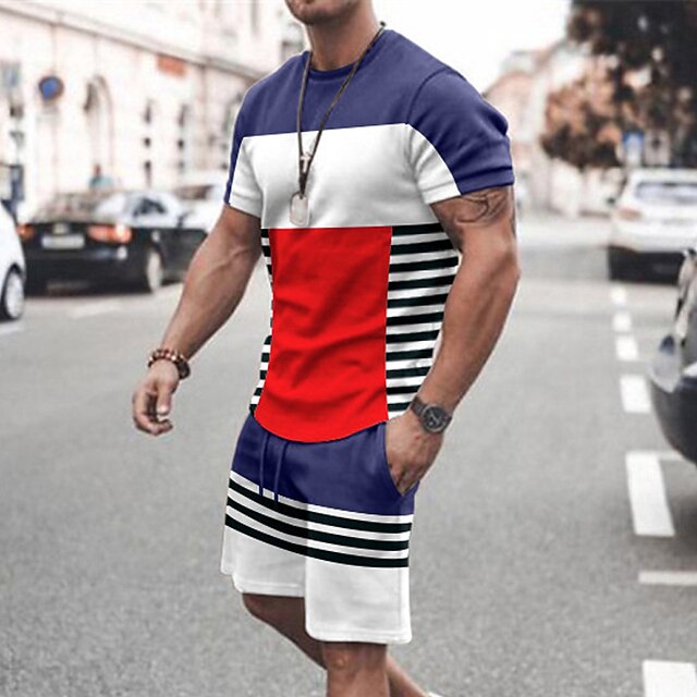  Men's T-shirt Suits Tennis Shirt Short Sleeve Striped Crew Neck Street Casual Clothing Clothes Casual Fashion Breathable Green Black Blue