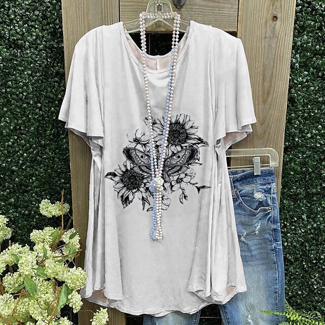 

Women's Plus Size Tops Blouse Shirt Floral Print Short Sleeve Crewneck Streetwear Daily Going out Polyester Spring Summer Green Blue