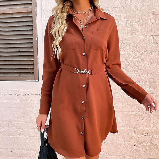 

Women's Shirt Dress Short Mini Dress Brown Long Sleeve Pure Color Button Spring Summer Shirt Collar Basic Casual 2022 S M L XL