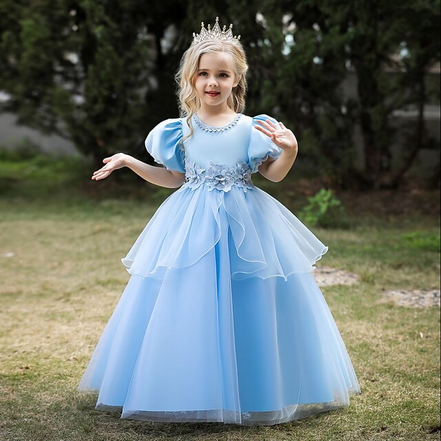 

Kids Little Girls' Dress Flower Tulle Dress Party Birthday Beaded Puff Sleeve Blue Maxi Short Sleeve Princess Cute Dresses Children's Day Spring Summer Slim 3-10 Years