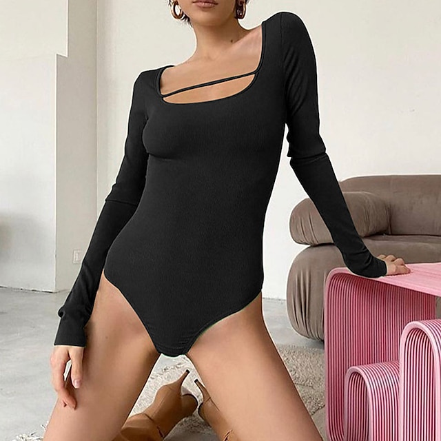

Women's Bodysuit Cut Out Solid Color Square Neck Casual Daily Home Street Regular Fit Long Sleeve Black Fuchsia S M L Spring