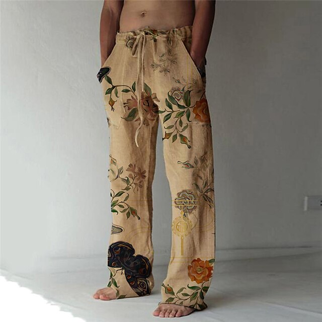 

Men's Fashion Designer Straight Trousers Beach Pants 3D Print Elastic Drawstring Design Front Pocket Pants Casual Daily Graphic Prints Flower / Floral Comfort Soft Mid Waist Khaki S M L XL XXL