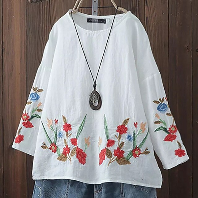 

Women's Plus Size Tops Blouse Floral Print Long Sleeve Crewneck Streetwear Festival Daily Sports Polyester Spring Summer White Black