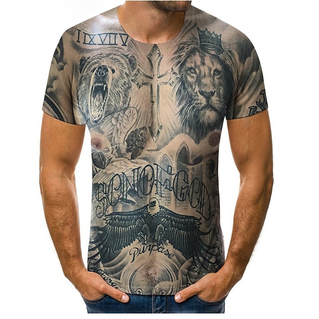 

Men's T shirt Muscle Round Neck Casual Daily Print Short Sleeve Tops Casual Slim Fit Gray