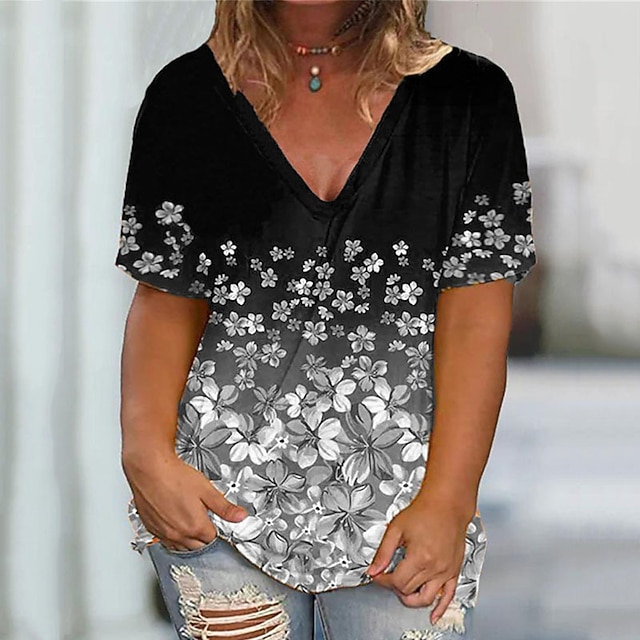 

Women's Plus Size Tops T shirt Floral Print Short Sleeve V Neck Streetwear Daily Going out Cotton Spring Summer Blue Gray