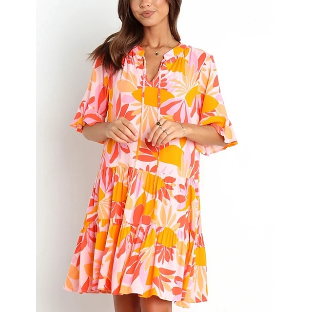 

Women's A Line Dress Knee Length Dress Yellow Short Sleeve Print Print Spring Summer V Neck Elegant 2022 S M L XL
