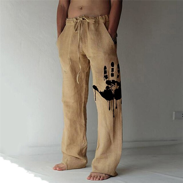 

Men's Fashion Designer Straight Trousers Beach Pants 3D Print Elastic Drawstring Design Front Pocket Pants Casual Daily Graphic Prints Hand Comfort Soft Mid Waist Black / White Khaki Red S M L XL XXL