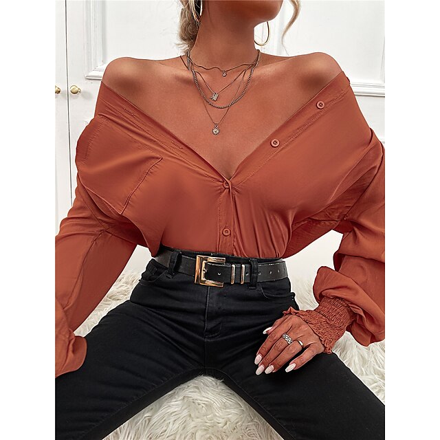 

Women's Blouse Shirt Plain Pocket Button Shirt Collar Casual Streetwear Tops Black Khaki Orange