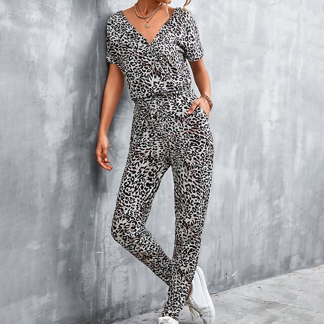 

Women's Jumpsuit Pocket Snakeskin V Neck Casual Home Vacation Regular Fit Short Sleeve Blue White Light Brown S M L Spring