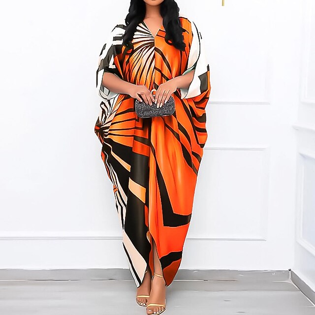 

Women's Shift Dress Maxi long Dress Blue Orange Yellow Half Sleeve Striped Color Block Print Spring Summer V Neck Casual Muslim Ramadan Batwing Sleeve 2022 One-Size