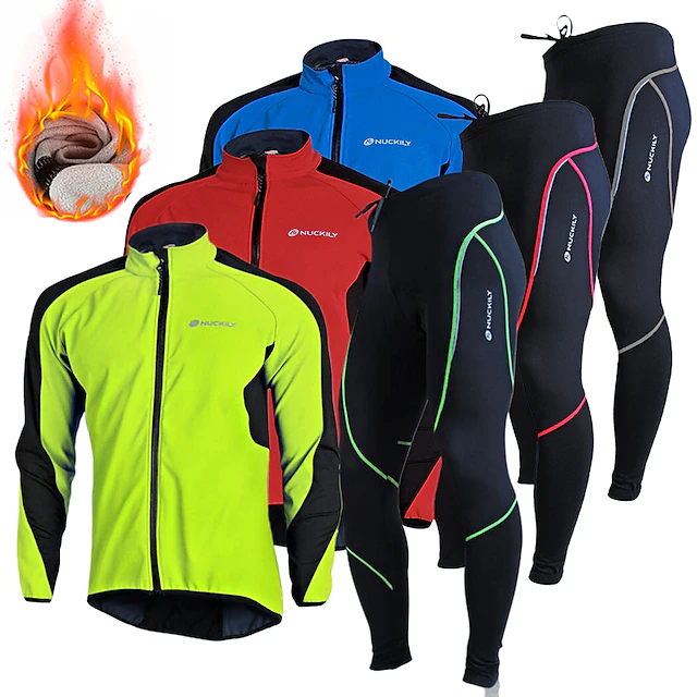 Nuckily Men's Cycling Jacket with Pants Fleece Jacket Winter Thermal Warm Windproof 3D Pad Front Zipper Bike Windbreaker Clothing Suit Mountain Bike MTB Road Bike Cycling Red Blue Green Bike Wear 29
