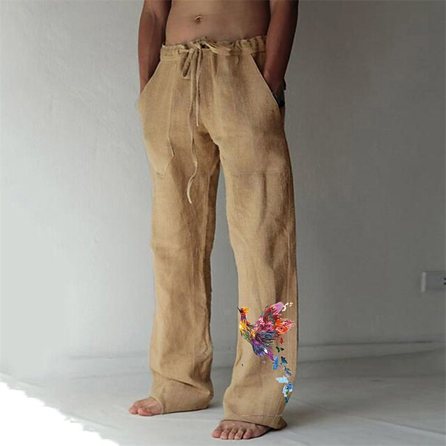 

Men's Fashion Designer Straight Trousers Elastic Drawstring Design Front Pocket Print Pants Casual Daily Graphic Prints Bird Cotton Blend Comfort Soft Mid Waist White Khaki M L XL XXL 3XL