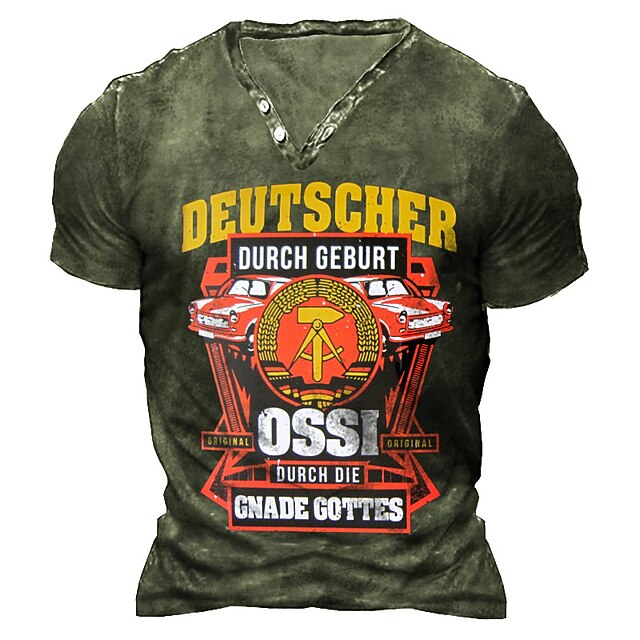 

Men's Henley Shirt Tee T shirt 3D Print Graphic Car Plus Size Henley Casual Daily Button-Down Print Short Sleeve Tops Casual Retro Designer Military Green