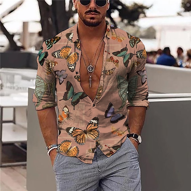 

Men's Shirt 3D Print Butterfly Animal Turndown Casual Daily 3D Print Button-Down Long Sleeve Tops Casual Fashion Designer Comfortable Pink
