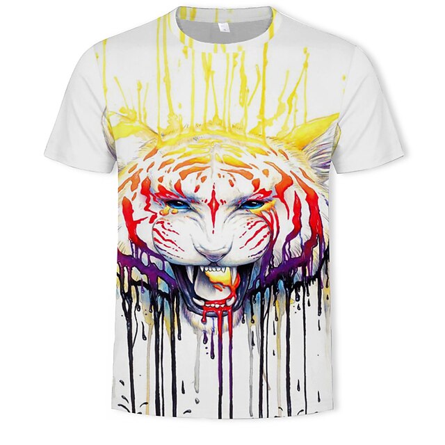 

Men's T shirt Tiger Round Neck Casual Daily Print Short Sleeve Tops Casual Slim Fit White
