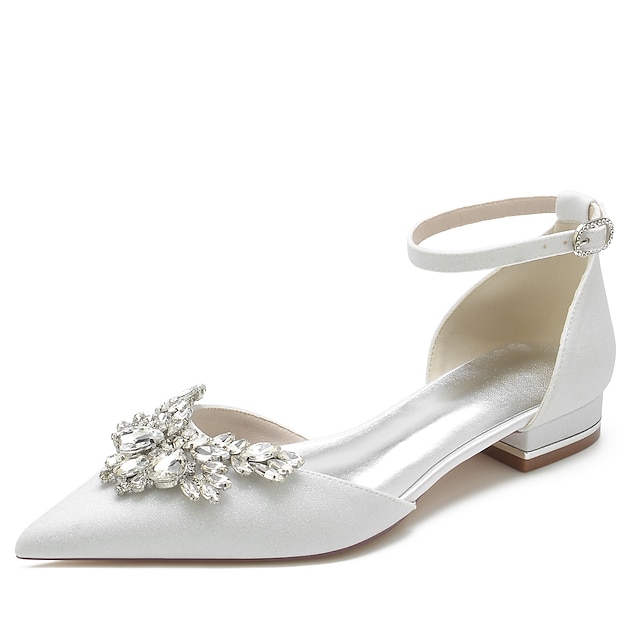  ballerines en satin blanc pour femmes avec motif floral en strass – chaussures de mariage ou de soirée élégantes à bout pointu