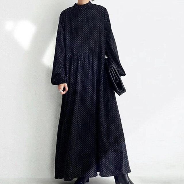 

Women's A Line Dress Maxi long Dress Black Brown Long Sleeve Polka Dot Print Spring Summer Crew Neck Casual Modern 2022 One-Size