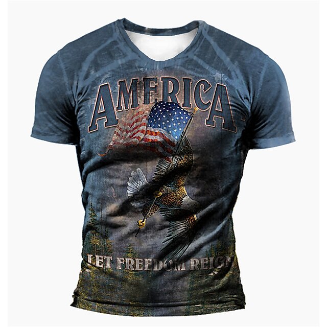 

Men's Unisex T shirt 3D Print Graphic Prints Eagle National Flag Crew Neck Street Daily Print Short Sleeve Tops Basic Casual Fashion Retro Blue