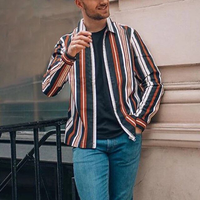 

Men's Shirt Striped Turndown Street Casual Button-Down Print Long Sleeve Tops Casual Fashion Breathable Comfortable Brown