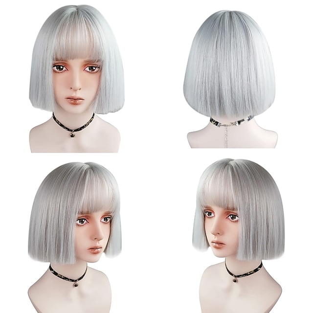 Beauty & Hair Wigs & Hair Pieces | Gray Wigs Short Bob Gray Wigs with Bangs 10 inch Straight Synthetic Brazlian Straight Hair He