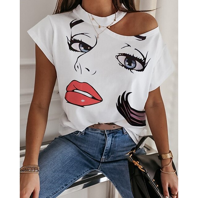 

Women's Painting T shirt Lip Portrait Cut Out Print Round Neck Basic Tops White