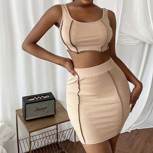 

Women's Sheath Dress Short Mini Dress Khaki Sleeveless Solid Color Patchwork Spring Summer Round Neck Personalized Stylish 2022 XS S M L