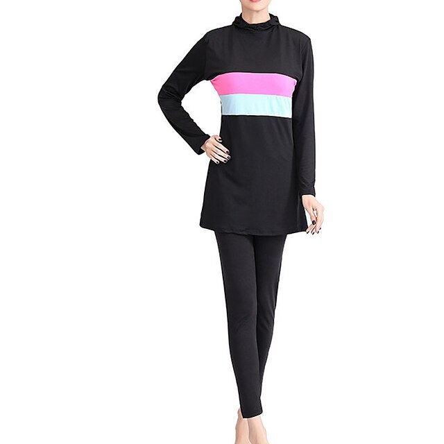 

Women's Swimwear Rash Guard Diving 2 Piece Plus Size Swimsuit Tummy Control Color Block Black Purple Padded Bathing Suits New Vacation / Padded Bras