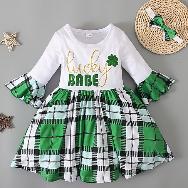 

Kids Little Girls' Dress Plaid Color Block Letter A Line Dress Sports Outdoor Daily Ruched Bow Green Knee-length Long Sleeve Cute Sweet Dresses Fall Spring Regular Fit 2pcs 2-6 Years