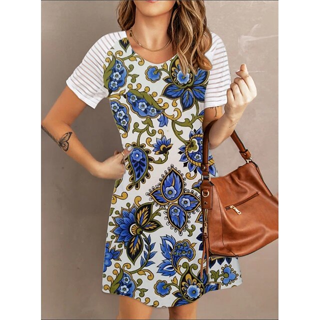 

Women's Shift Dress Short Mini Dress Blue Short Sleeve Floral Striped Print Spring Summer Round Neck Casual 2022 S M L XL XXL 3XL