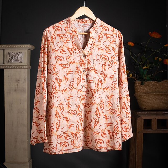 

Women's Blouse Shirt Leaf V Neck Casual Tops Orange