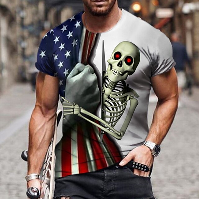 

Men's Unisex T shirt 3D Print Graphic Prints Skull National Flag Crew Neck Street Daily Print Short Sleeve Tops Casual Designer Big and Tall Sports Gray