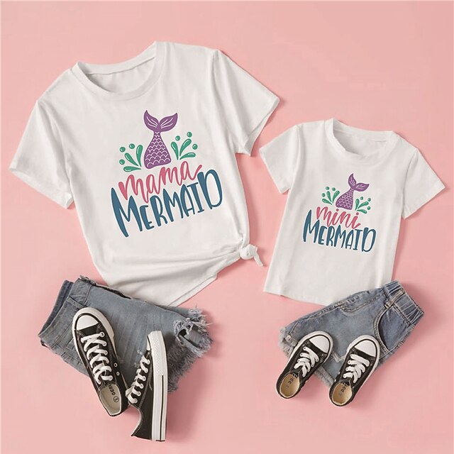 Baby & Kids Matching Outfits | Mommy and Me T shirt Tops Mermaid Letter Street Print White Short Sleeve Active Matching Outfits 