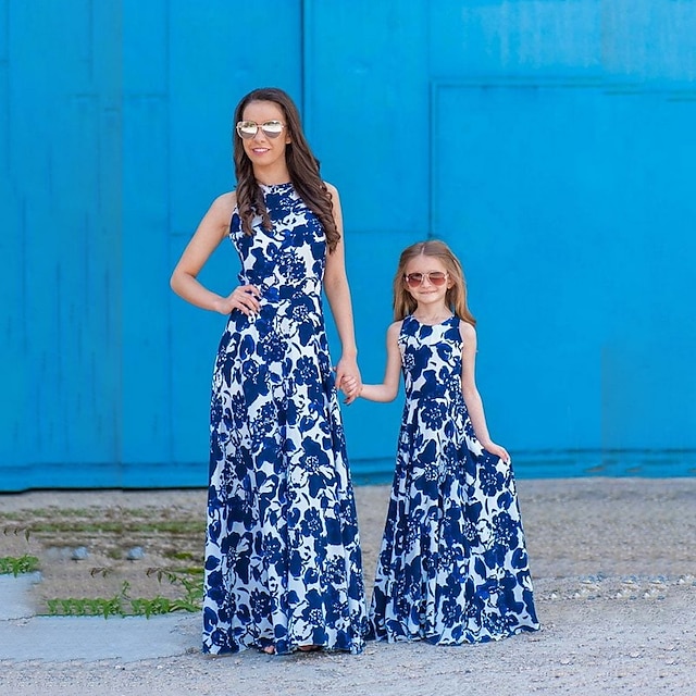  Mama en ik Jurken Grafisch Bloemig Dagelijks Afdrukken blauw Mouwloos Maxi Mama En Ik Outfits leuke Style Bijpassende outfits
