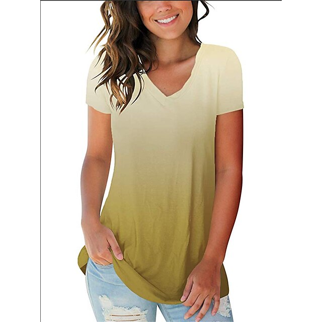 

Women's T shirt Color Gradient V Neck Basic Tops Green Blue Gray