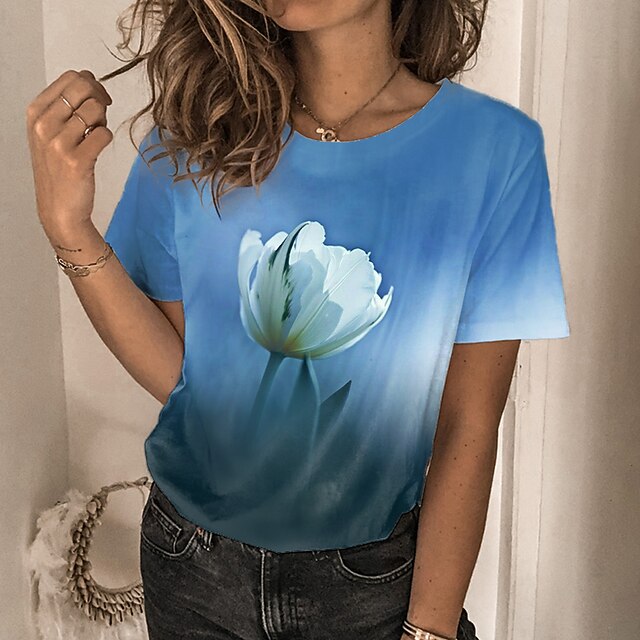 

Women's Floral Theme Painting T shirt Floral Print Round Neck Basic Tops Green Blue Purple / 3D Print